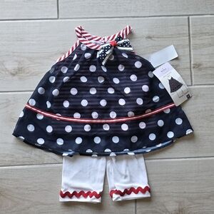 Blueberi Boulevard Navy Polka Dot Halter Tunic with White Capri Leggings